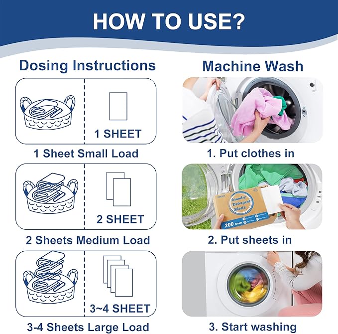 Laundry Detergent Sheets 200 Sheets, Fragrance-Free, Eco-Friendly, Plastic-Free, Hypoallergenic, Liquidless Washing Supplies for Dorm Travel Camping, 200 Loads