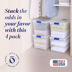HOMZ 4-Pack 31 Quart Latching Lid, Clear Plastic Storage Organizer Bins, Blue – Stackable Containers for Home & Office Shelves, Kitchen, Garage, and Bathroom Organization