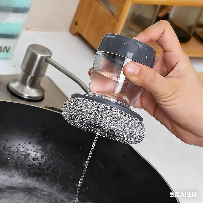 Steel Wool Scrubber with Soap Dispenser for Dish Sink Pan Stove Kitchen, Stainless Dishwashing Scouring Pad, Dispensing Heavy Duty Brush Scourer Cast Iron 2+2