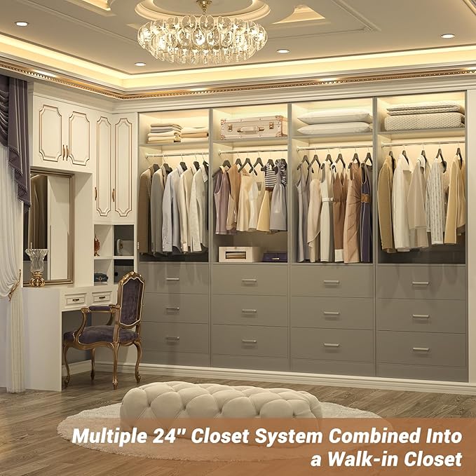 Besiost Closet System Set of 4, 8FT Closet Systems with 12 Wood Drawers, 96" Closet Organizer System with 4 Hanging Rods & 4 Shelves, Heavy Duty 96 Inch Walk-in Closet, Grey (96"L x 15" W x 80" H)