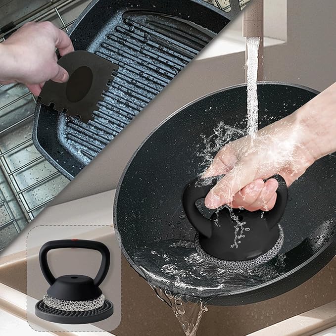 MEIXINZHI Cast Iron Cleaner, Chain Mail Scrubber & Pan Grill Scrapers - 2 in 1 Cast Iron Skillet Cleaner (Black, with mat)