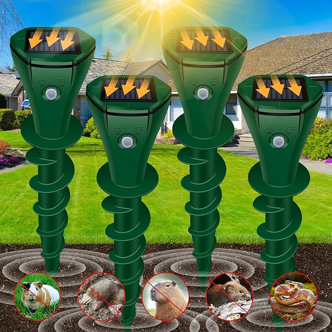Solar Mole Repellent Ultrasonic, Vole Repeller with 3 Modes & IP65 Waterproof, Gopher & Snake Repellent for Lawn Garden Yard, 5000 SqFt Coverage for Moles Gophers Voles Snakes Groundhogs, 4 Pack