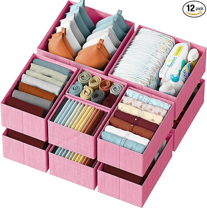 Drawer Organizer Clothes Set of 12 Pink - Dresser Organizer For Nursery, Bedroom, Closet - Perfect Baby Clothes Organizer and Storage & General Nursery Organization or Dresser Drawer Organizers