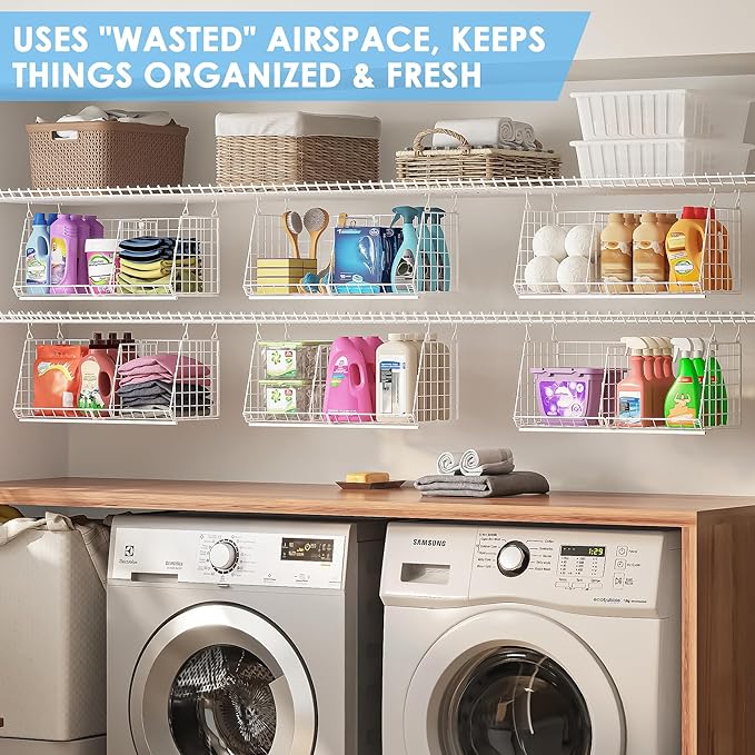 23.62” Extra-Long Under-Shelf Hanging Laundry Basket Organizer, 3-Pack Space-Saving Laundry Organizer, Fits Wire Shelving (Rod Diameter < 0.38”), Modular with Dividers for Custom Laundry Organization