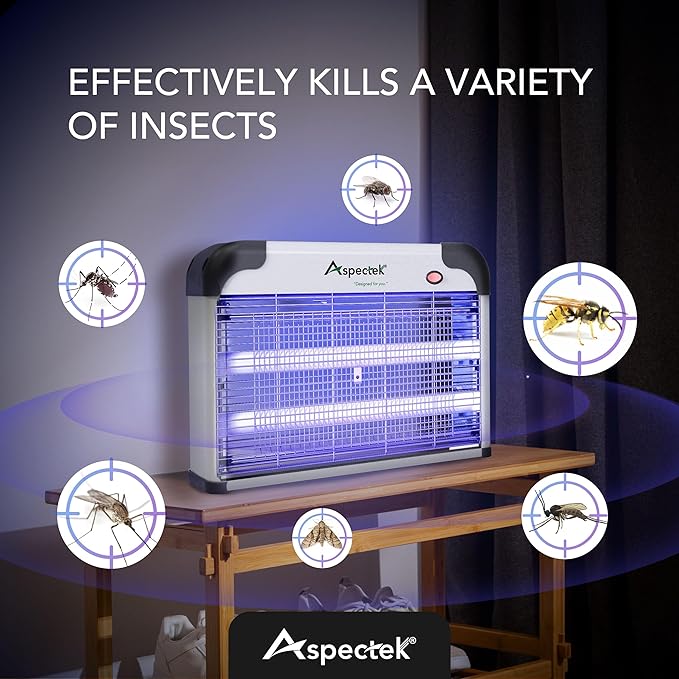 Aspectek 20W Electric Bug Zapper for Indoor Use. Effective Against Mosquitoes and Flies. 2 Extra Replacement Bulbs Included. Lightweight Design, 2800V Powerful Grid, Easy Cleaning, Washable Tray.
