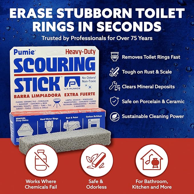 PUMIE Scouring Stick, Heavy Duty Extra Strong Pumice Cleaning Bar, Perfect Pumice Stone for Cleaning Tough Toilet Rings, Bathroom & Kitchen Stains - Scouring Stick on Toilet Bowls, Pool, Tiles(2 Pack)