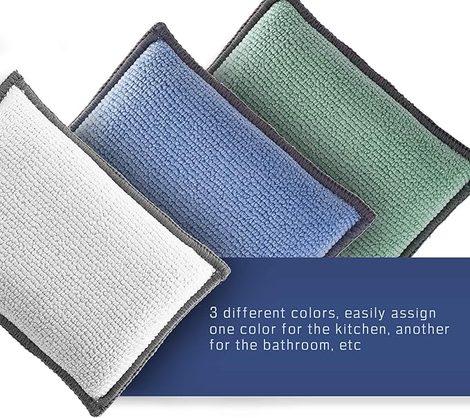 2-Sided Premium Microfiber Dish Sponge and Scrubber 3 Pack Variety - Heavy Duty Scouring Non-Scratch Multi-Surface