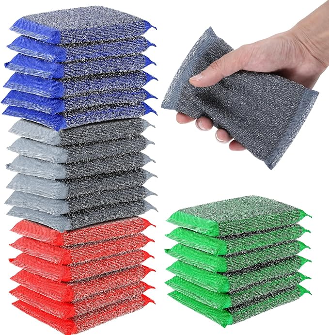 24 Pack Steel Scrub Sponges for Dishes Non Scratch Scouring Sponge Multi Use Metal Scrubber Heavy Duty Dish Wash Kitchen Sponge for Pot Dish Washing Hard Surface Cleaning Tools (Multicolored)