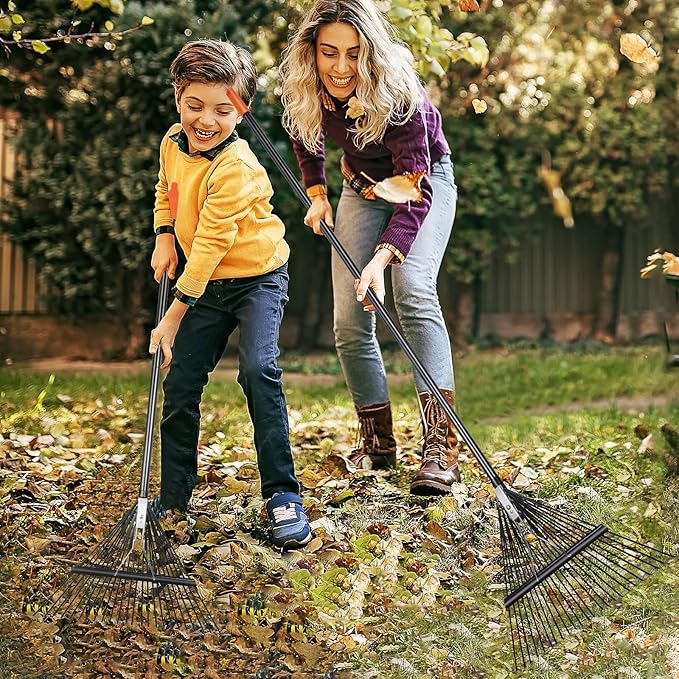 42 HRC Steel Gardening Leaf Rake, 24 Tines 23.2" Wide,Adjustable Split Long Handle 33-67",Suitable for Raking Leaves and Lawn Tidying,Garden rake and thatch rake Suitable for Adults（2 Pack