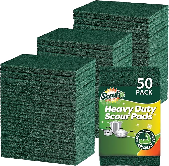 SCRUBIT Scouring Pads - Heavy Duty Scrub Pads for Cleaning Dishes - Non-Scratch - Reusable - Green (50)