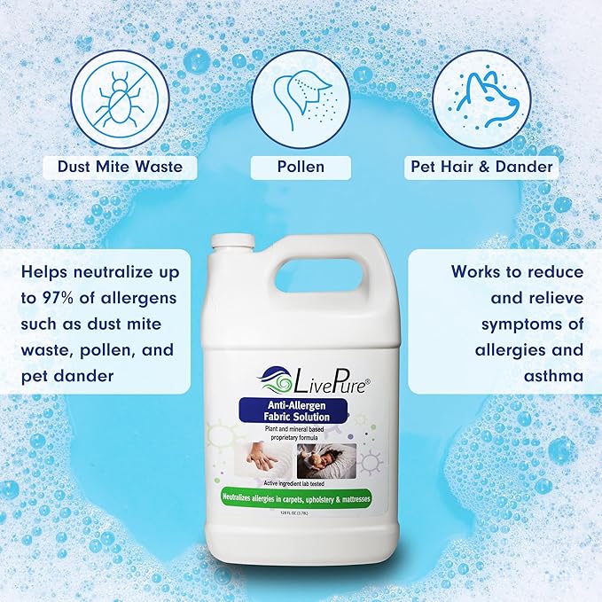 LivePure Anti-Allergen 128 OZ Fabric Spray for Household Surfaces. Plant-Based Allergy Spray for Dust Mites and Pet Dander. Fragrance Free