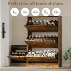 BORNOON Shoe Cabinet with Bench and 3 Flip Drawers, Slim Narrow Shoe Storage Cabinet, Freestanding Shoe Rack Organizer with Adjustable & Removable Shelves, Anti-Tip for Entryway, Hallway, Foyer