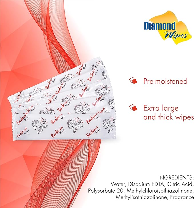 Diamond Wipes Pre-moistened Hand Wipes - “BBQ and Grill” Logo 10x8” Extra Thick Pack of 50 Individually Wrapped Wet Wipes For Cookouts, BBQs, Catering