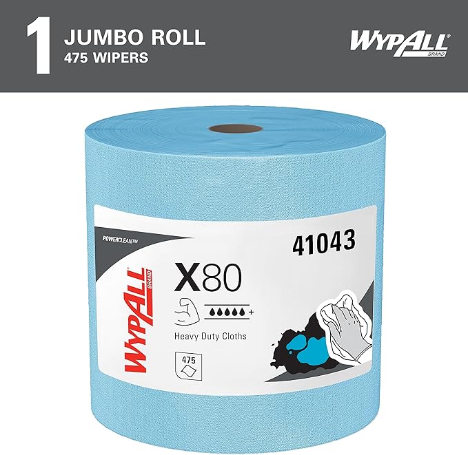 WypAll PowerClean X80 Cloths Heavy Duty Wipes (41043), Jumbo, Extended Use Towels, Blue (1 Roll of 455 Sheets, 455 Sheet Total)