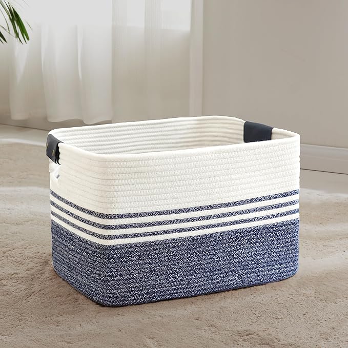 60L Large Laundry Basket with Leather Handles for Living Room Storage, Woven Rope Baskets Bin for Blanket, Kids Toy, Gifts, Wicker Hamper for Bedroom Dirty Clothes, 21"x15"x11" Denim Blue