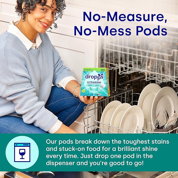 Dropps UltraWash Dishwasher Detergent Pods, Lemon Citrus (64 Ct) - Cuts Grease & Stuck-On Food | Sparkling Dishes & Glasses | Residue-Free | Clean Ingredients | No Pre-Rinse | Plastic Free Packaging