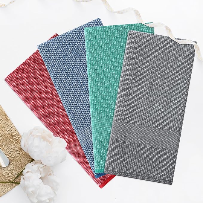 Homaxy Premium Kitchen Towels(18”x 28”, 6 Pack), Large Cotton Kitchen Hand Towels, Flat and Terry Dish Towels, 380 GSM Highly Absorbent Tea Towel Set with Hanging Loop, Grey/Red/Green