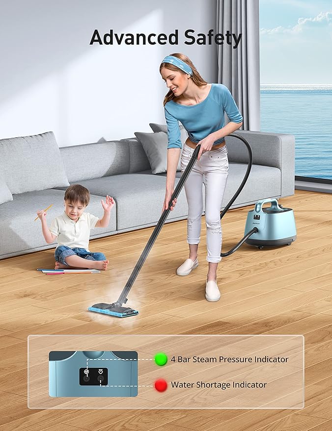 Aspiron Steam Cleaner, 293°F 58 PSI Powerful Multipurpose Handheld Steam Mop for Home Use, 21 Attachments, 50Oz Capacity, Heavy Duty Steamer for Carpets, Floors, Cars, Tiles, Crack Cleaning, Blue