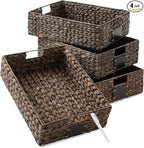 Casafield Set of 4 Water Hyacinth Pantry Baskets, 12-1/2" x 17" x 5", with Chalkboard Labels and Chalk Marker - Espresso, Woven Storage Bin Organizers for Kitchen Shelves