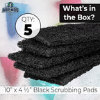 Heavy Duty XL Black Scouring Pad 5 Pack. 10 x 4.5in Large Multipurpose Nylon Scrubbing Sponges. Clean Bathrooms, Kitchens, Counters and Floors to Erase Grime and Make Surfaces Sparkle