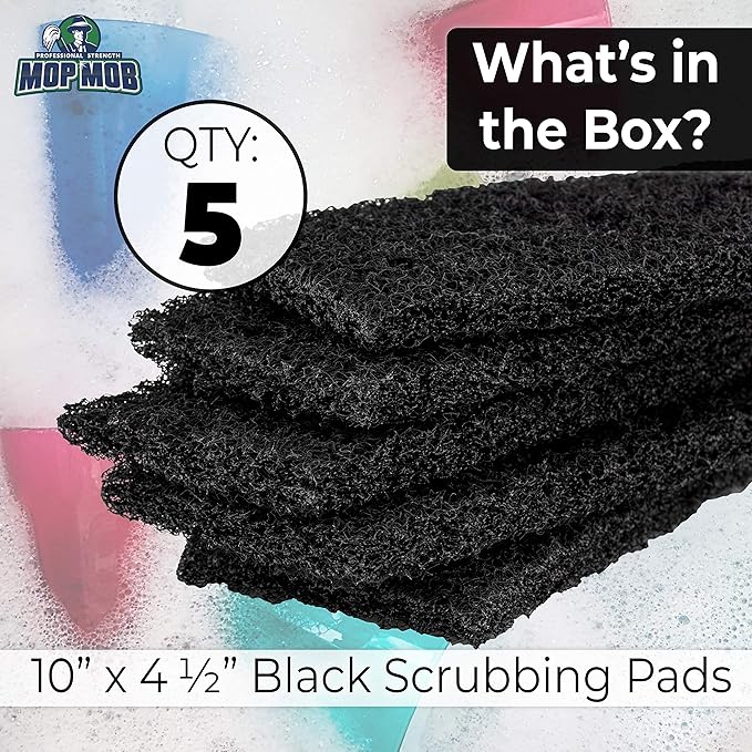 Heavy Duty XL Black Scouring Pad 5 Pack. 10 x 4.5in Large Multipurpose Nylon Scrubbing Sponges. Clean Bathrooms, Kitchens, Counters and Floors to Erase Grime and Make Surfaces Sparkle