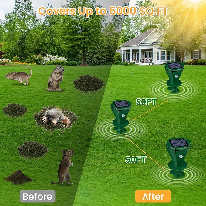 Solar Mole Repellent Ultrasonic, Vole Repeller with 3 Modes & IP65 Waterproof, Gopher & Snake Repellent for Lawn Garden Yard, 5000 SqFt Coverage for Moles Gophers Voles Snakes Groundhogs, 4 Pack