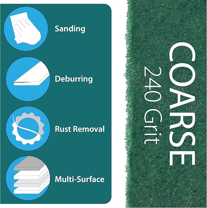 6" x 9" Non-Woven Surface Prep Scuff Pads for Wood, Metal, Paint Stripping, Rust Removal, Deburring, Clean Soiled Surfaces, Coarse Abrasive Pad for Woodworking - 240 Grit - 10 Pack (Green)