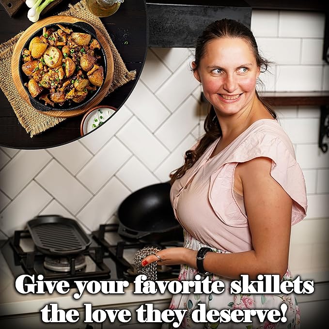 Mythrojan Cast Iron Scrubber 316 Stainless Steel Skillet Cleaner 3.9"x3.9" Chainmail Scrubber Chain Mail Scrub with Hanging Ring for Cast Iron Pre-Seasoned Pans, BBQ Grills Cookware Utensils Cleaning