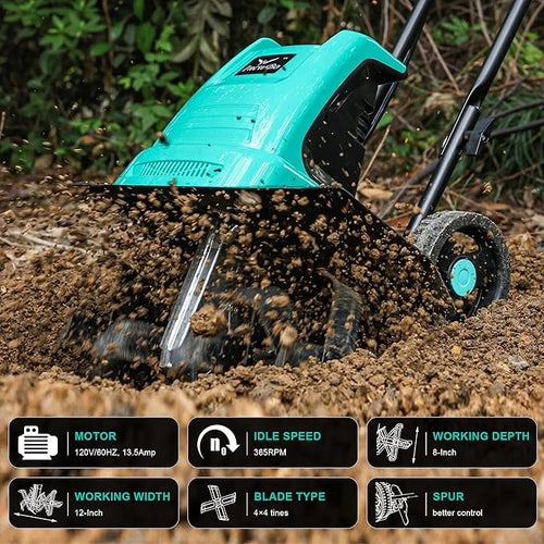 13.5 Amp 12 Inch Electric Tiller/Cultivator with 4 Steel Tines, 8'' Tilling Depth Small Garden Tiller for Gardening, Corded Rototiller with Adjustable Wheels