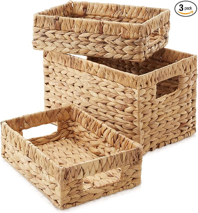 Casafield Set of 3 Water Hyacinth Storage Baskets with Handles - 1-Medium, 2-Small Woven Organizers for Bathroom, Laundry, Pantry, Office, Shelves