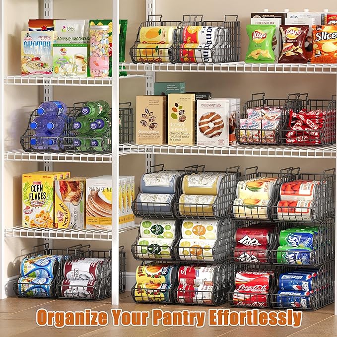Sonyabecca 4-Pack Stackable Canned Food Organizer with Handles for Kitchen, Soda Can Organizer for Pantry Shelves, Wire Cabinet Shelf for Can Storage, Foldable Soda Dispenser, Patent Pending, Black