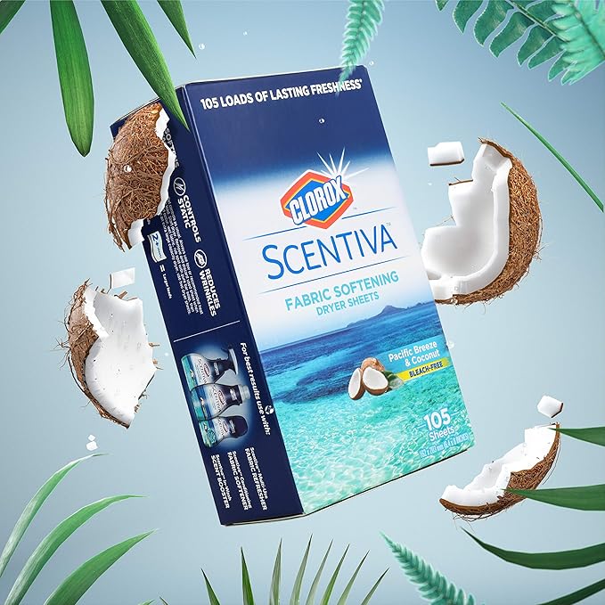 Clorox Scentiva Fabric Softening Dryer Sheets | Fabric Sheets in Pacific Breeze & Coconut Scent | Laundry Dryer Sheets for Fresh & Clean Clothes | 105 Count (Pack of 2)