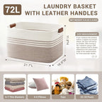 72L Large Laundry Basket with Leather Handles for Living Room Storage, Woven Rope Baskets Bin for Blanket, Kids Toy, Gifts, Wicker Hamper for Bedroom Dirty Clothes, 22"x17"x12" White Brown