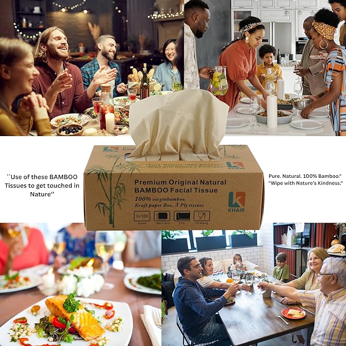 KHAIR Premium Original Natural Bamboo Facial Tissue – Soft, Strong & Eco-Friendly, 2 Pack, 3 ply Tissues, 200 Tissues, 600 Sheets For All type Skin