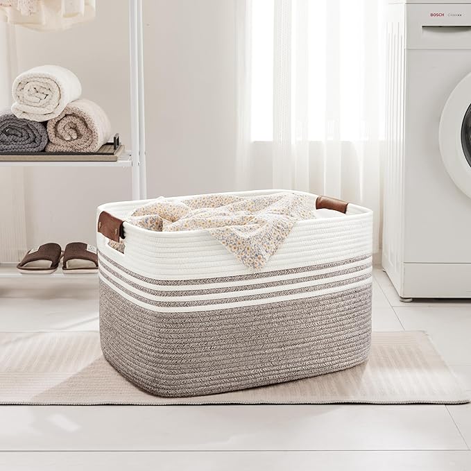 86L Extra Large Laundry Basket with Leather Handles for Living Room Storage, Woven Rope Baskets for Blanket, Kids Toy, Gifts, Wicker Hamper for Bedroom Dirty Clothes, 24"x16"x14" Dark Brown