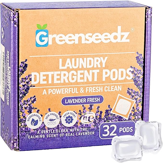 Greenseedz Laundry Pods, Fresh Lavender Scent, 32 Pacs, Eco Friendly, Powerful Clean, Skin Friendly, Biodegradable, HE Compatible