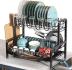 2 Tier Dish Drainers Drying Rack for Kitchen Counter Large Stainless Steel Dishes Drain with Drainboard, Space Saving, Big Modern Black Countertop Metal Plates Dryer Strainer Holder and Extra Tray