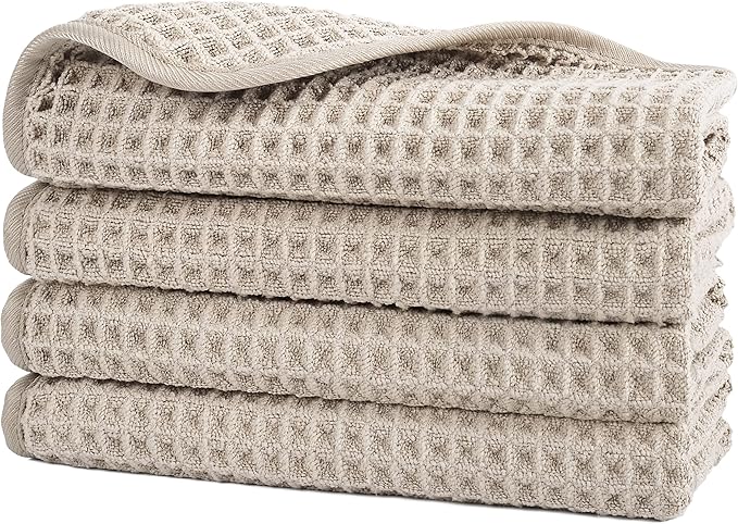 POLYTE Microfiber Lint Free Washcloth Face Towel, 13 x 13 in, 4 Pack (Waffle Weave)