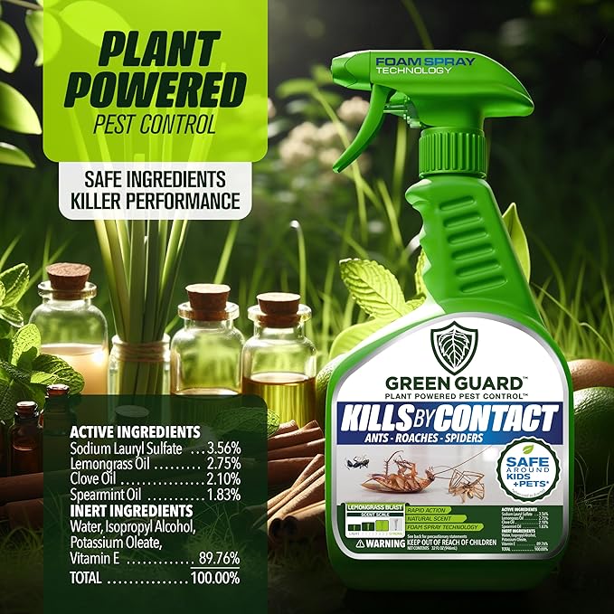 Green Guard Pest Control Spray - Indoor & Outdoor Killer of Ants, Roaches, Spiders & Other Crawling Insects, Safe Around Children & Pets, Plant-Based, Pleasant Scent (Lemongrass Blast, 16oz)
