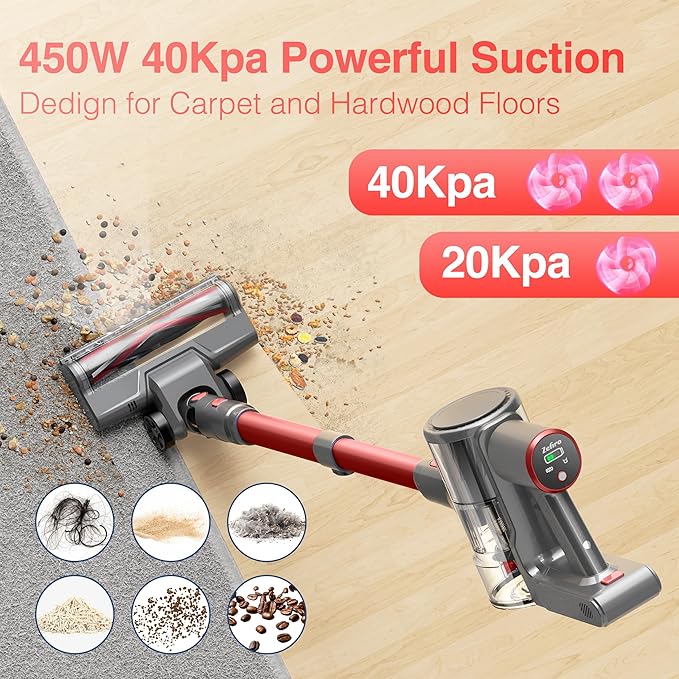 Zefiro Cordless Vacuum Cleaner for Home,450W /40Kpa 50Mins Stick Vacuum,Anti-Tangle 1.5L Dust Cup, Rechargeable Wireless Handheld Vacuum for Pet Hair/Carpet/Floor