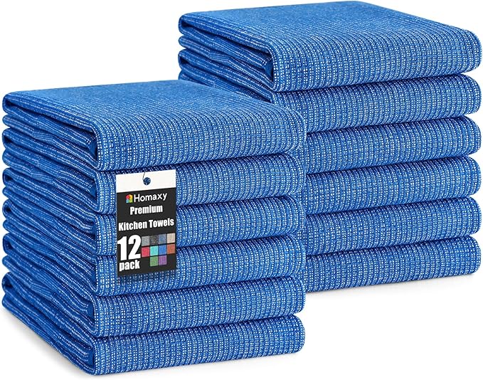 Homaxy Premium Kitchen Towels(18”x 28”, 12 Pack), Large Cotton Kitchen Hand Towels, Flat and Terry Dish Towels, 380 GSM Highly Absorbent Tea Towel Set with Hanging Loop, Blueberry