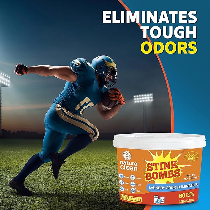 Nature Clean Stink Bombs, Natural Laundry Odor Eliminator for Clothes, Strong Odor Remover for Clothes with Pet, Sweat, Grease, Mildew & Sports Smell, Odor Remover Laundry Pods for Home Use, 60 Pods