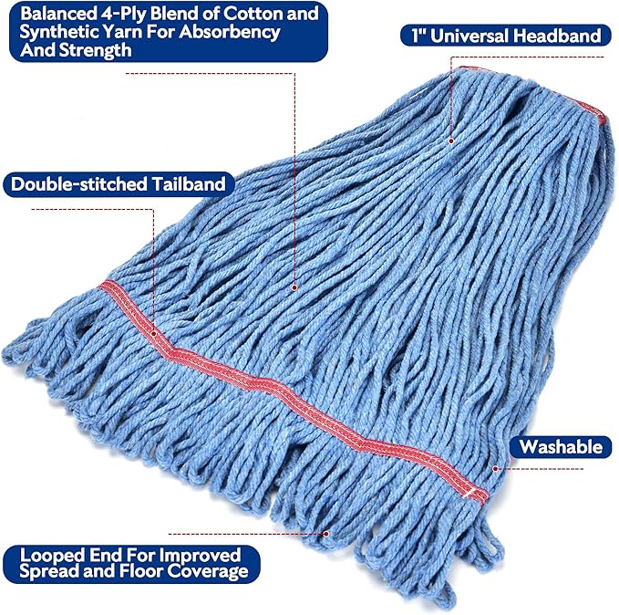 Matthew Cleaning 24oz Heavy Duty Mop Head Commercial Replacement for General and Floor Cleaning, Wet Industrial Blue Cotton Looped End String Head Refill (Case of 12) Blue