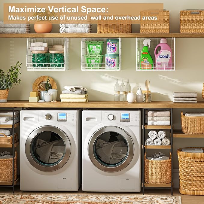 3 Pack Screw Mount Under The Wooden Shelf Laundry Room Organizer: Foldable Wire Basket Space Saving Over The Washer and Dryer - Laundry Organization and Storage, White Patent