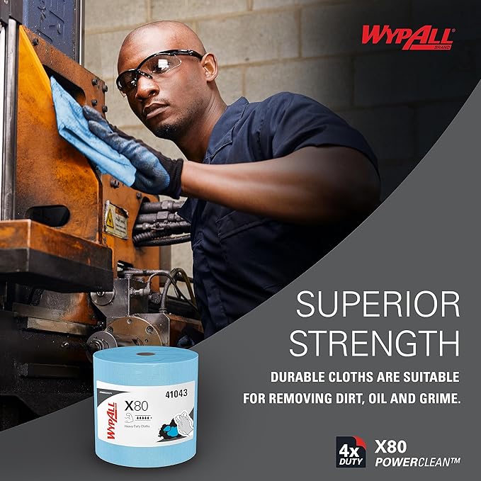 WypAll PowerClean X80 Cloths Heavy Duty Wipes (41043), Jumbo, Extended Use Towels, Blue (1 Roll of 455 Sheets, 455 Sheet Total)