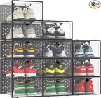 Pinkpum XXL Shoe Storage Box Fit for Size 14, Clear Plastic Stackable Shoe Organizer for Closet 12 Pack, Shoe Containers Sneaker Storage Black
