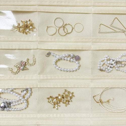 1 Pack Hanging Jewelry Organizer 80-Pocket Dual-sided Jewelry Storage for Earring Necklace Bracelet Ring Travel Holder, Beige