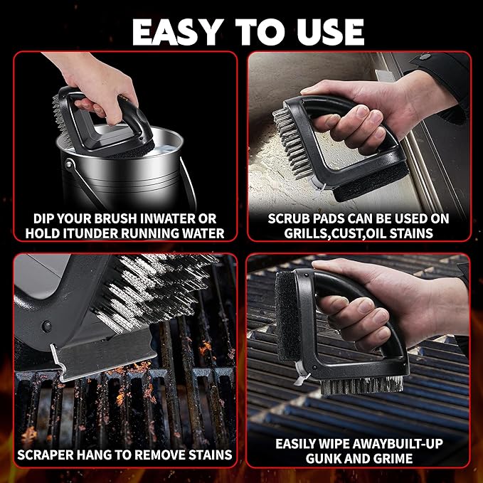 RELHP 4-in-1 Grill Brush [Bristle-Free Sponge Pad & Wire] Combined BBQ Brush,Ultra Safe & Heavy-Duty Grill Cleaner for Outdoor Grill Grill Brush and Scraper Grill Accessories Gifts for Men/Dad