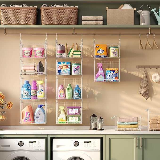 4-Tier Hanging Laundry Room Organizer: Foldable Wire Shelf Basket with 2 Large Hooks 1.65" & 360°Rotating Hooks – Space-Saving Laundry Storage Basket, for Wardrobe Closet Storage, White Patent