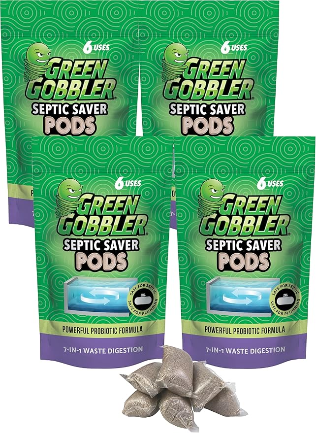 Green Gobbler Septic Tank Treatment Packets - Natural Bacteria to Prevent Costly Septic Issues, Back-Ups, Foul Odor (24 Pods) Pod: Color May Vary